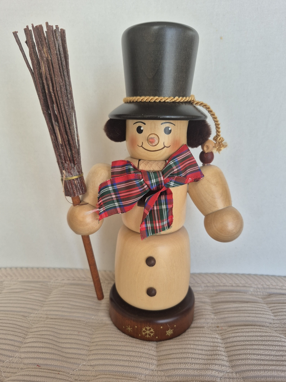 Wooden Snowman Nutcracker  with Black Hat and Red Plaid Bow